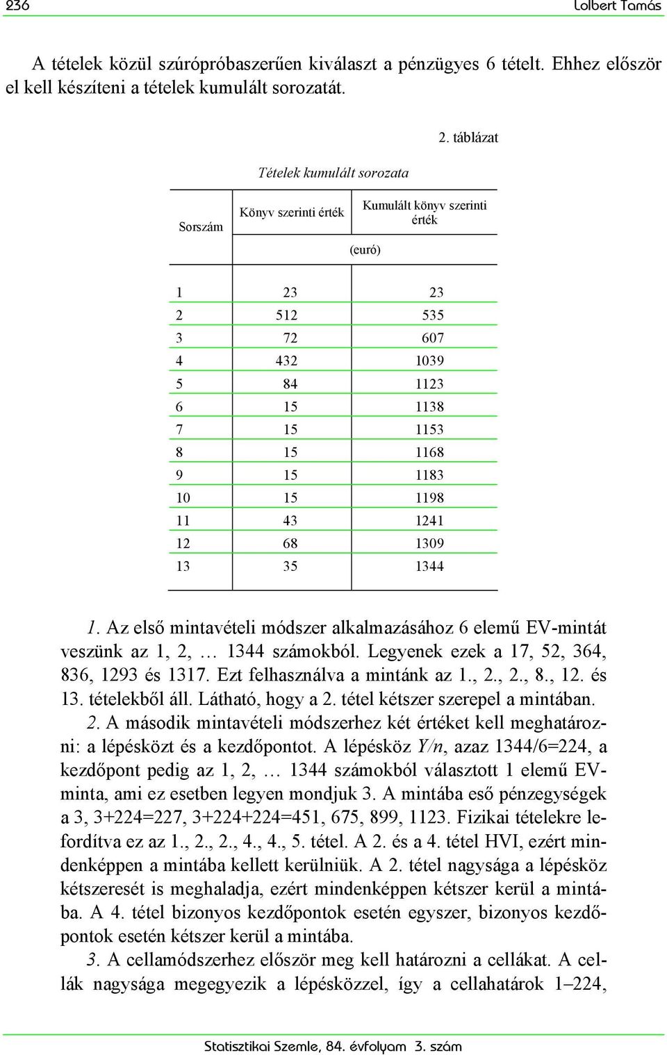 1344 1. Az első mntavétel módszer alkalmazásához 6 elemű EV-mntát veszünk az 1, 2, 1344 számokból. Legyenek ezek a 17, 52, 364, 836, 1293 és 1317. Ezt felhasználva a mntánk az 1., 2., 2., 8., 12. és 13. tételekből áll.