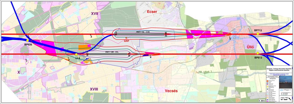 december epülıtér vonatkoztatási pontja (P) eszállási útvonal Zajcsökkentı fel- és leszállási eljárásokhoz tartozó vonatkoztatási pontok Meglévı zajmonitoring-pontok epülıtér