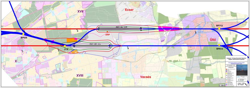 december epülıtér vonatkoztatás pontja (P) eszállási útvonal Zajcsökkentı fel- és leszállási eljárásokhoz tartozó vonatkoztatási pontok Meglévı zajmonitoring-pontok epülıtér