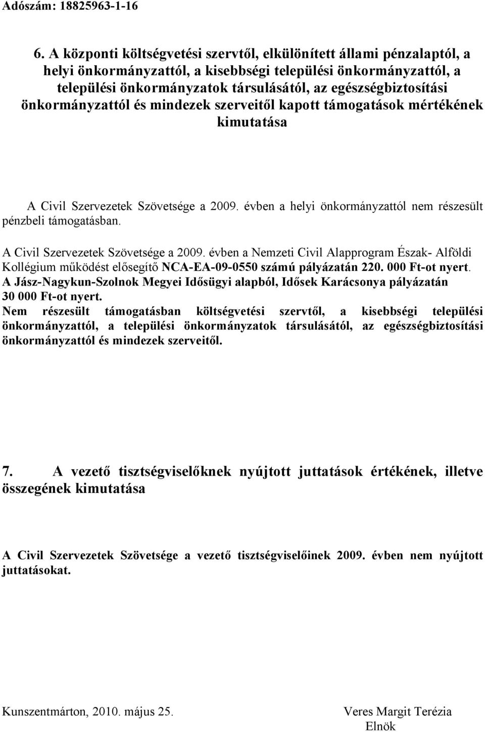 évben a helyi önkormányzattól nem részesült pénzbeli támogatásban. A Civil Szervezetek Szövetsége a 2009.