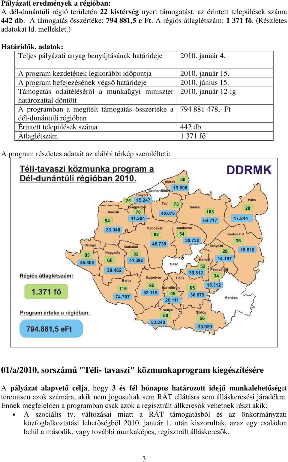 január 15. A program befejezésének végső határideje 2010. június 15. Támogatás odaítéléséről a munkaügyi miniszter 2010.