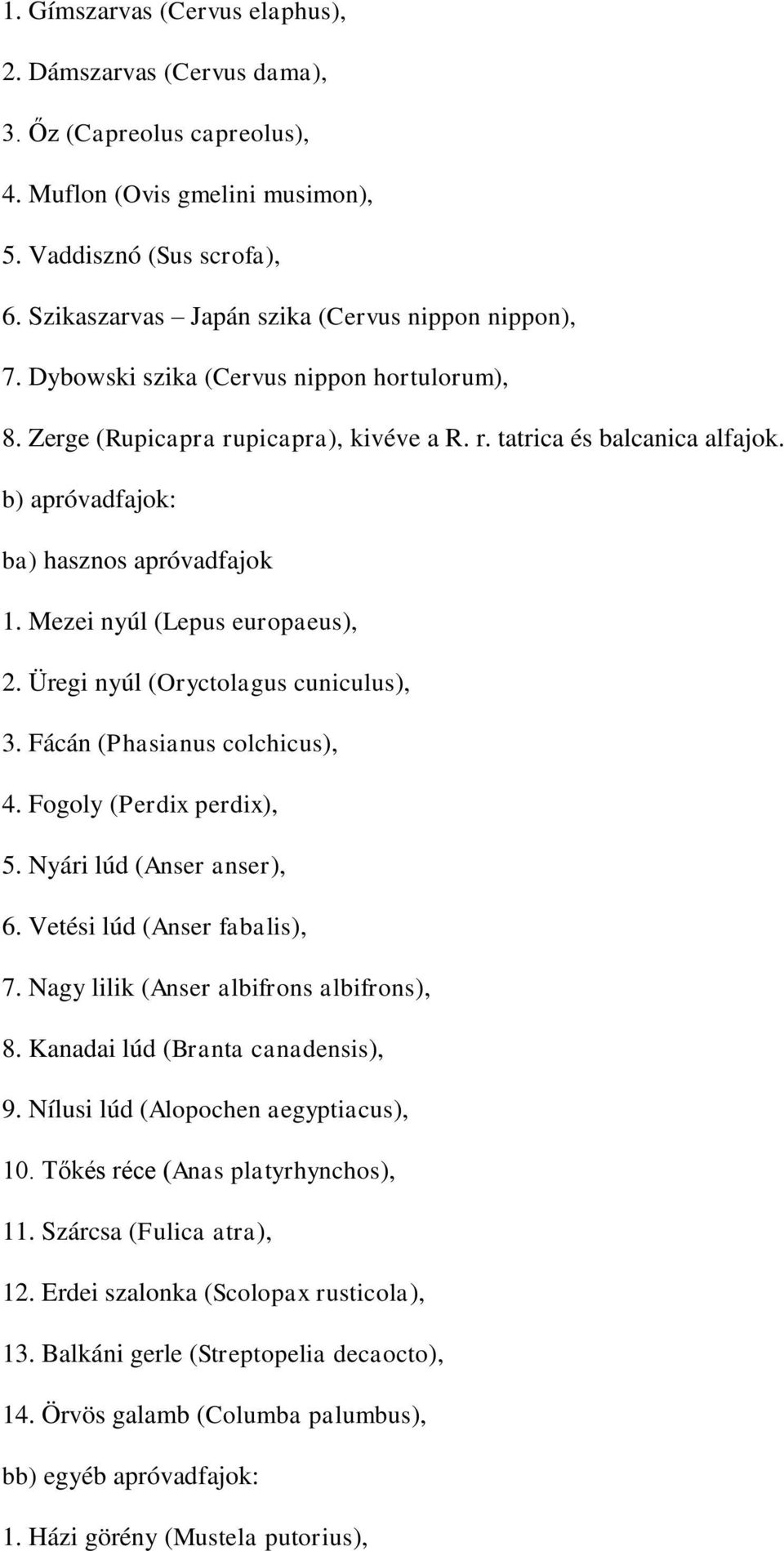 b) apróvadfajok: ba) hasznos apróvadfajok 1. Mezei nyúl (Lepus europaeus), 2. Üregi nyúl (Oryctolagus cuniculus), 3. Fácán (Phasianus colchicus), 4. Fogoly (Perdix perdix), 5.