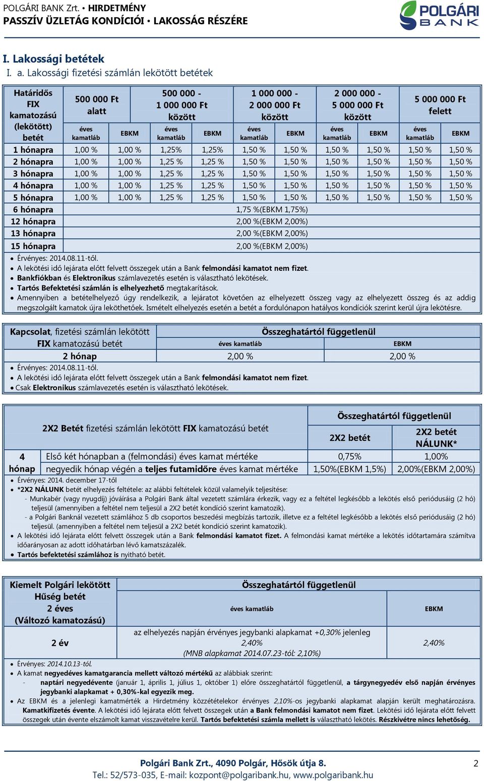 000-5 000 00 között éves kamatláb 5 000 00 felett éves kamatláb 1 hónapra 1,00 % 1,00 % 1,25% 1,25% 1,50 % 1,50 % 1,50 % 1,50 % 1,50 % 1,50 % 2 hónapra 1,00 % 1,00 % 1,25 % 1,25 % 1,50 % 1,50 % 1,50