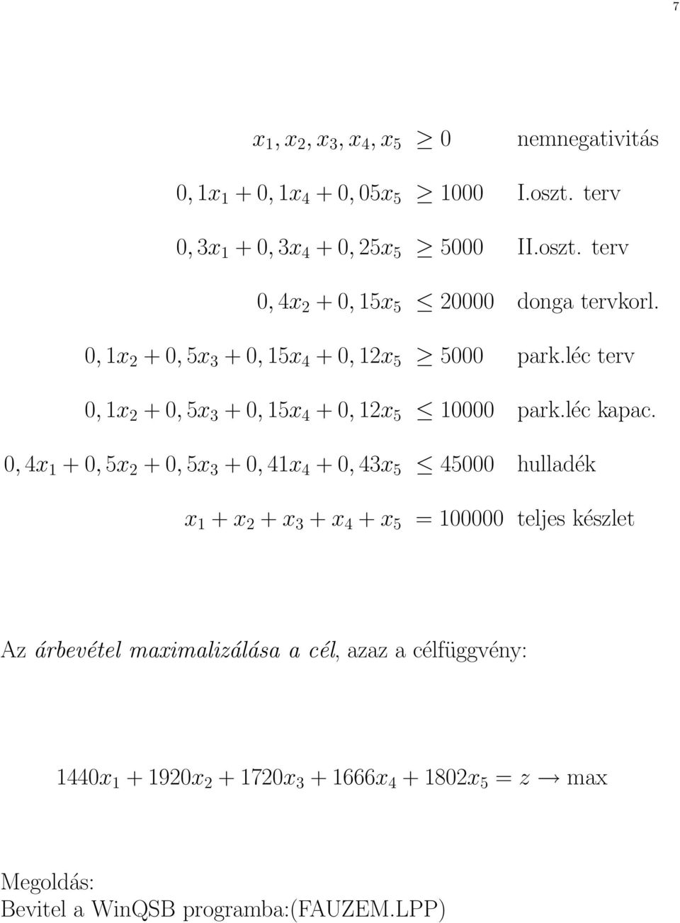 0, 4x 1 + 0, 5x 2 + 0, 5x 3 + 0, 41x 4 + 0, 43x 5 45000 hulladék x 1 + x 2 + x 3 + x 4 + x 5 = 100000 teljes készlet Az árbevétel maximalizálása