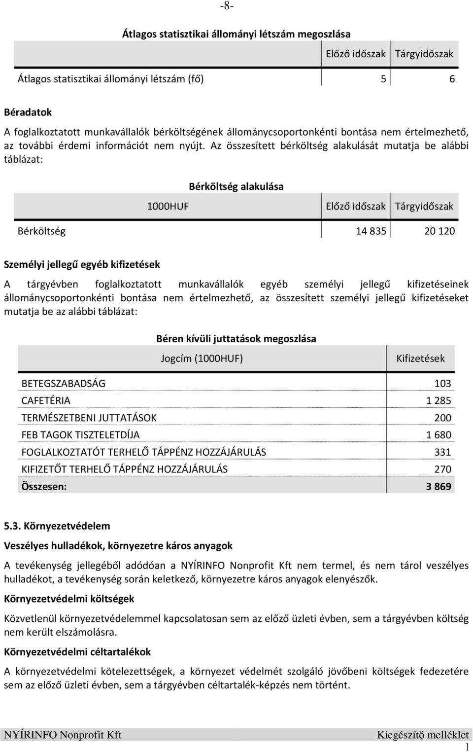 Az összesített bérköltség alakulását mutatja be alábbi táblázat: Bérköltség alakulása 1000HUF Előző időszak Tárgyidőszak Bérköltség 14 835 20 120 Személyi jellegű egyéb kifizetések A tárgyévben