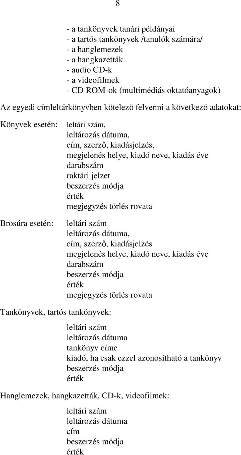 darabszám raktári jelzet beszerzés módja érték megjegyzés törlés rovata leltári szám leltározás dátuma, cím, szerzı, kiadásjelzés megjelenés helye, kiadó neve, kiadás éve darabszám beszerzés módja