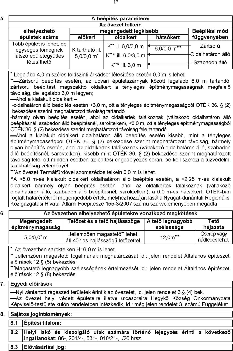 3,0 m Beépítési mód függvényében 6,0/0,0 m Zártsorú Oldalhatáron álló Szabadon álló Legalább 4,0 m széles földszinti árkádsor létesítése esetén 0,0 m is lehet; Zártsorú beépítés esetén, az udvari