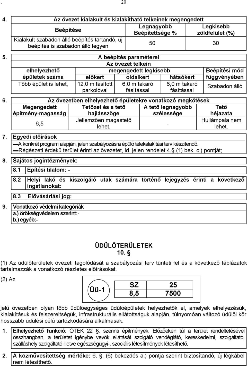 A beépítés paraméterei Az övezet telkein elhelyezhető megengedett legkisebb épületek száma előkert oldalkert hátsókert Több épület is lehet, 12,0 m fásított 6,0 m takaró 6,0 m takaró parkolóval