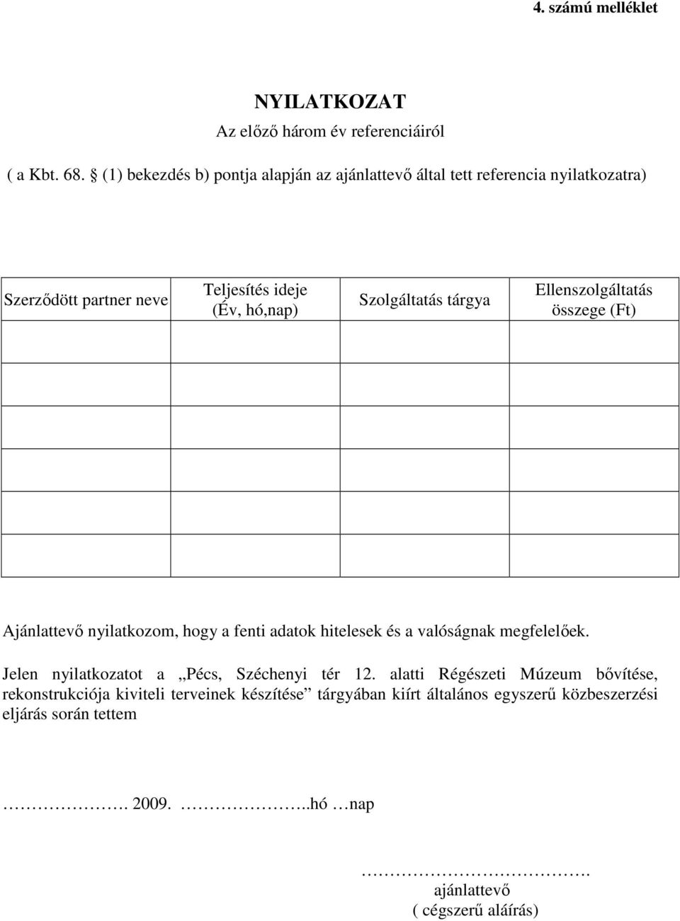 Szolgáltatás tárgya Ellenszolgáltatás összege (Ft) Ajánlattevı nyilatkozom, hogy a fenti adatok hitelesek és a valóságnak megfelelıek.