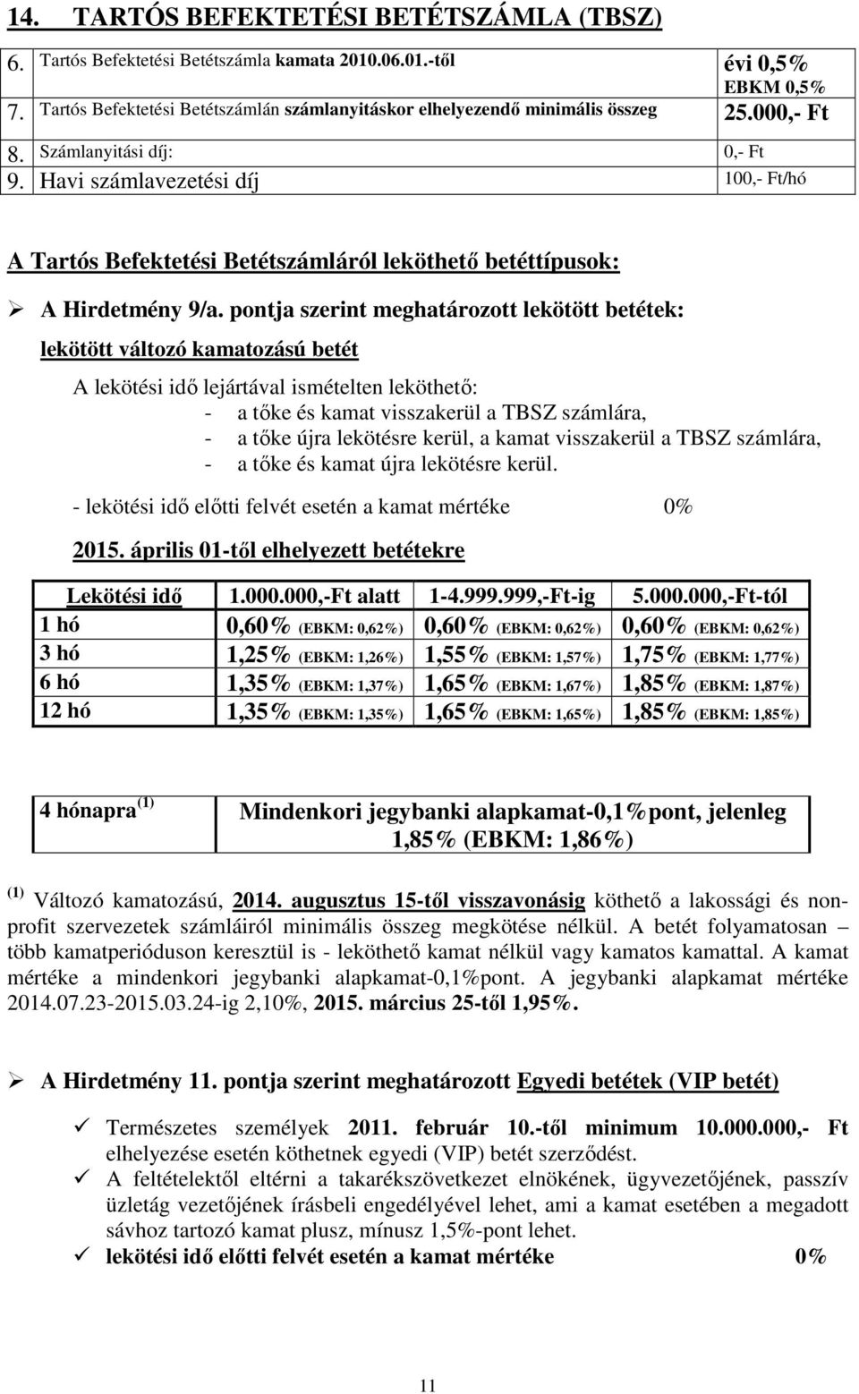 Havi számlavezetési díj 100,- /hó A Tartós Befektetési Betétszámláról leköthető betéttípusok: A Hirdetmény 9/a.