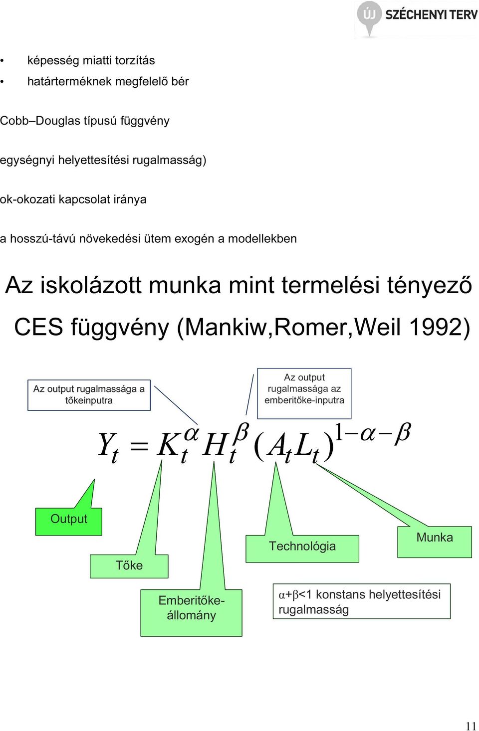 ényező CES függvény (Mankiw,Romer,Weil 1992) Az oupu rugalmassága a őkeinpura Az oupu rugalmassága az