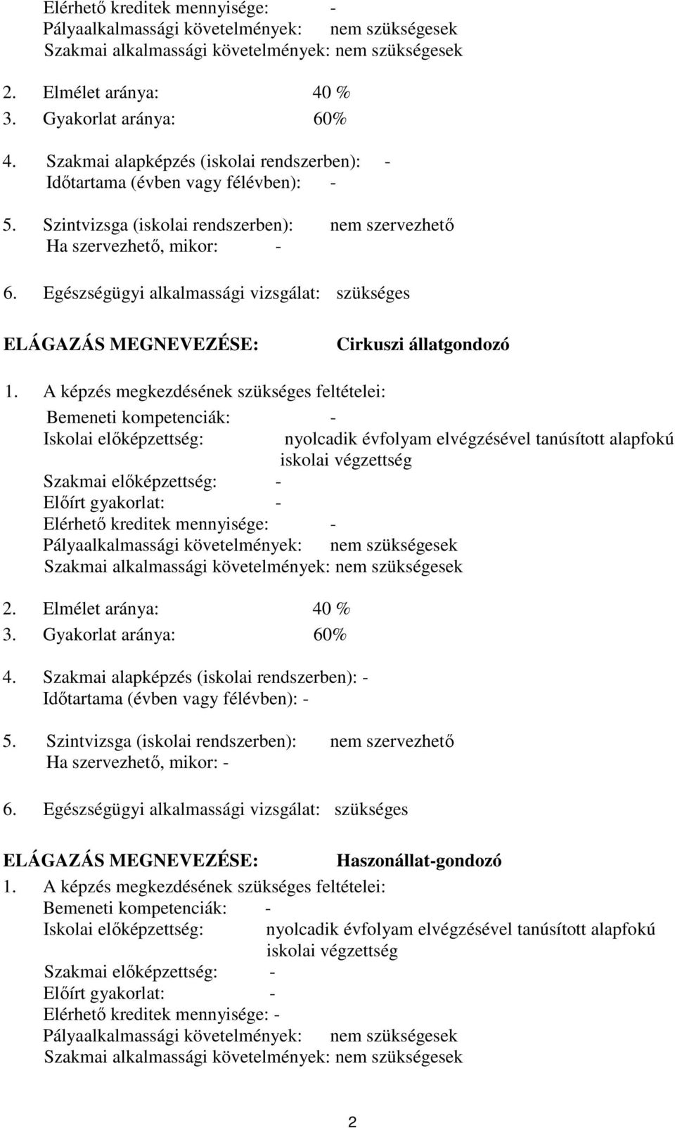 Egészségügyi alkalmassági vizsgálat: szükséges ELÁGAZÁS MEGNEVEZÉSE: Cirkuszi állatgondozó 1.