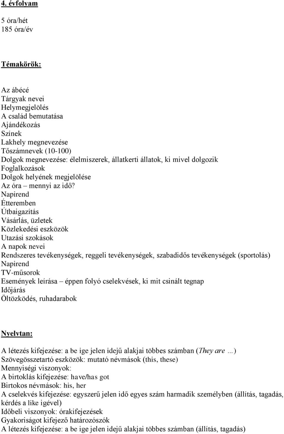 Napirend Étteremben Útbaigazítás Vásárlás, üzletek Közlekedési eszközök Utazási szokások A napok nevei Rendszeres tevékenységek, reggeli tevékenységek, szabadidős tevékenységek (sportolás) Napirend