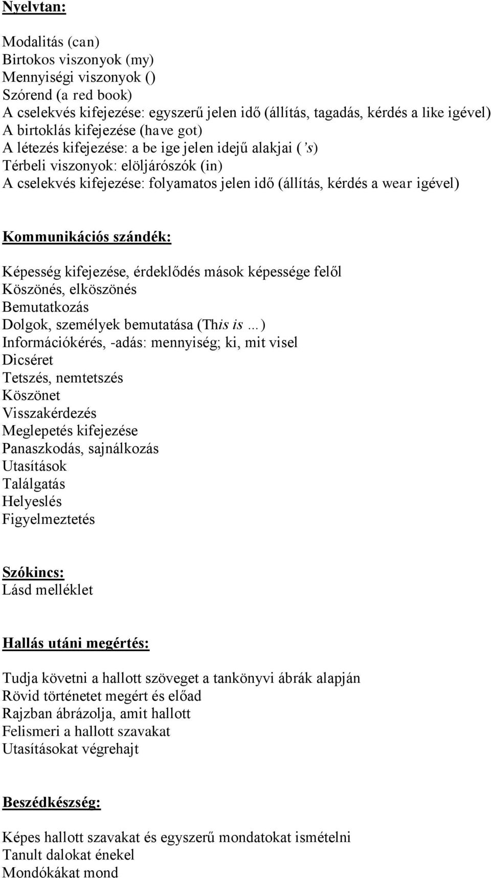 Kommunikációs szándék: Képesség kifejezése, érdeklődés mások képessége felől Köszönés, elköszönés Bemutatkozás Dolgok, személyek bemutatása (This is ) Információkérés, -adás: mennyiség; ki, mit visel