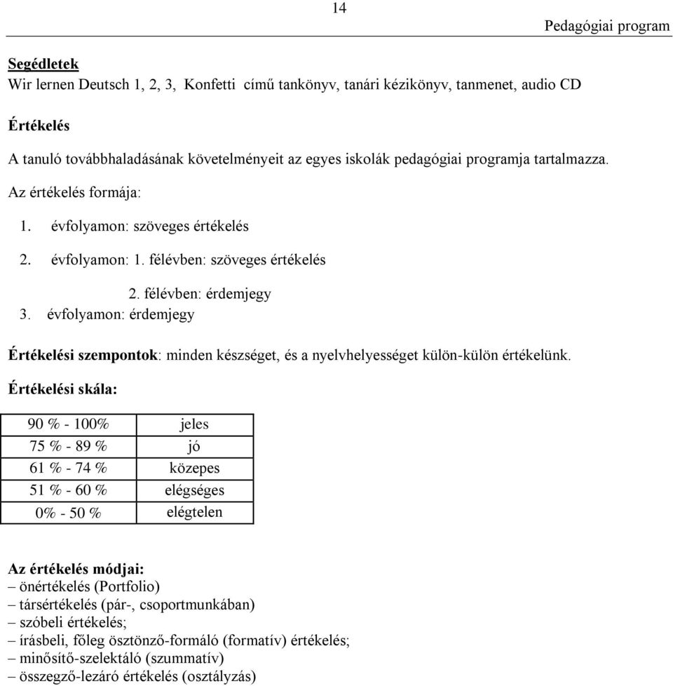 évfolyamon: érdemjegy Értékelési szempontok: minden készséget, és a nyelvhelyességet külön-külön értékelünk.