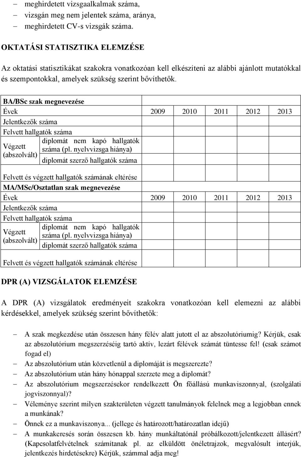 BA/BSc szak megnevezése Évek 2009 2010 2011 2012 2013 Jelentkezők száma Felvett hallgatók száma Végzett (abszolvált) diplomát nem kapó hallgatók száma (pl.