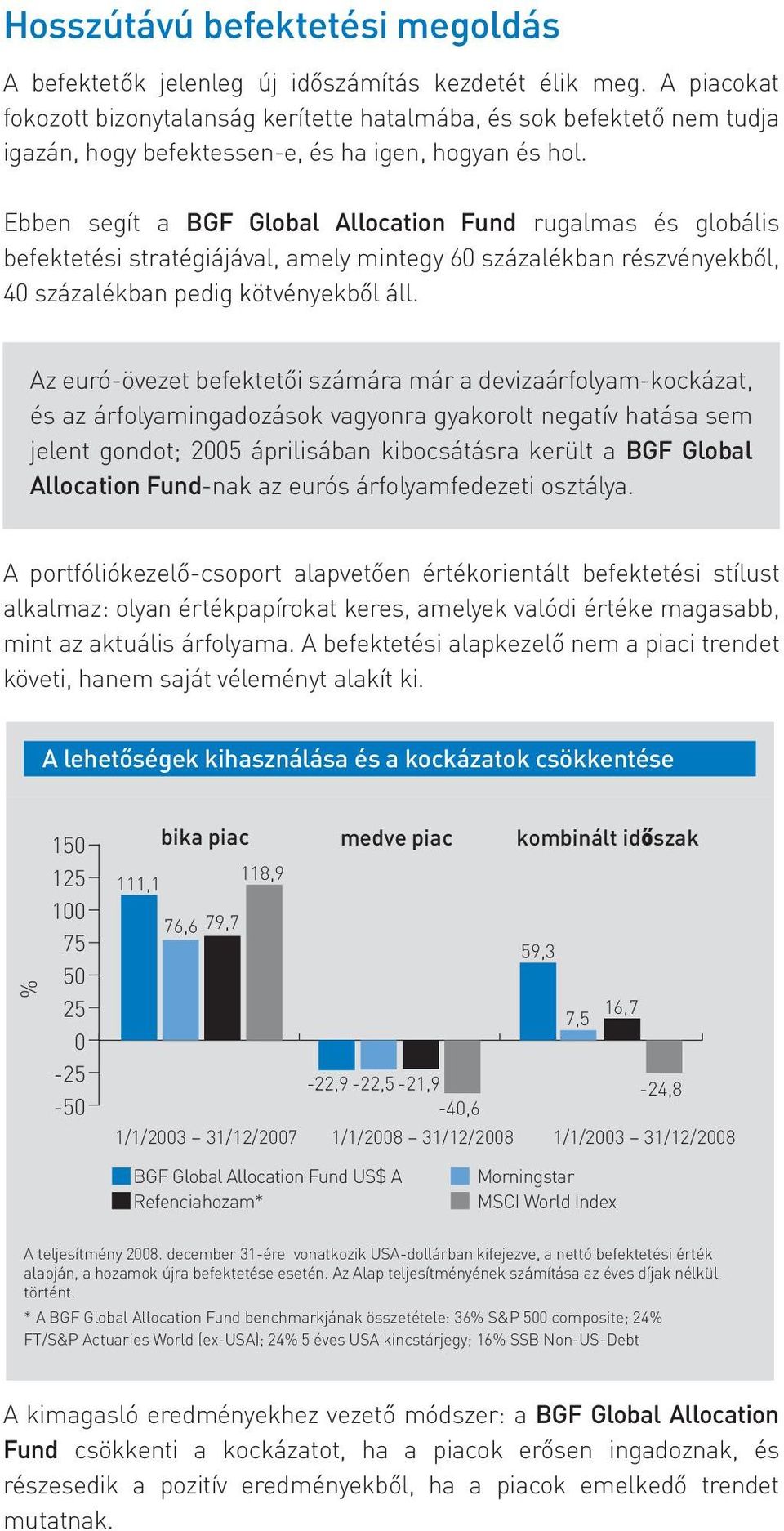 Ebben segít a BGF Global Allocation Fund rugalmas és globális befektetési stratégiájával, amely mintegy 60 százalékban részvényekből, 40 százalékban pedig kötvényekből áll.