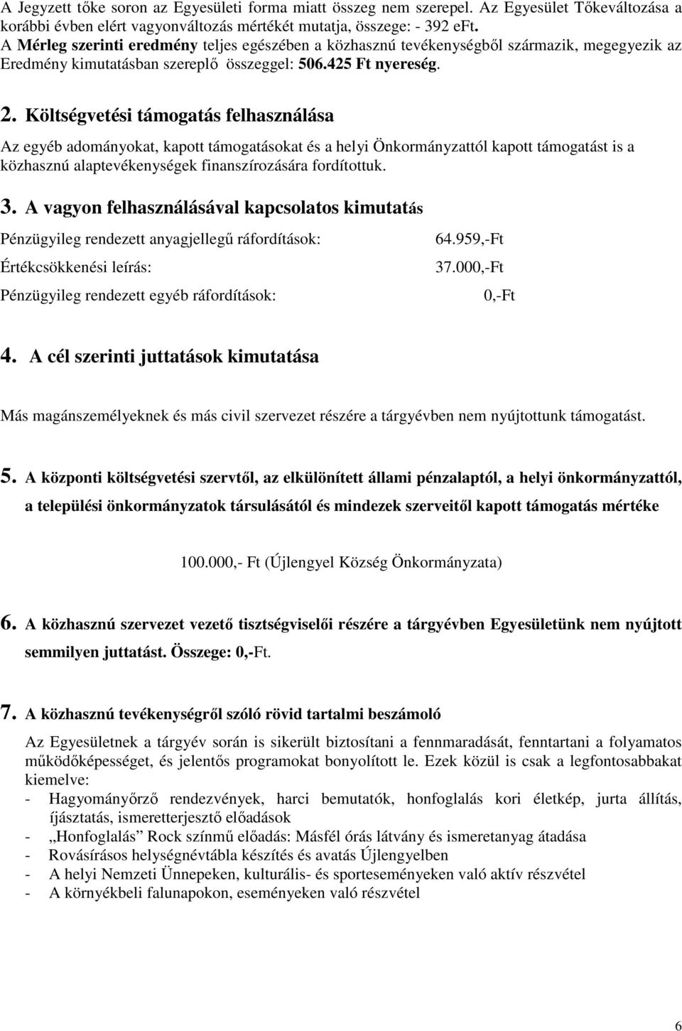 Költségvetési támogatás felhasználása Az egyéb adományokat, kapott támogatásokat és a helyi Önkormányzattól kapott támogatást is a közhasznú alaptevékenységek finanszírozására fordítottuk. 3.