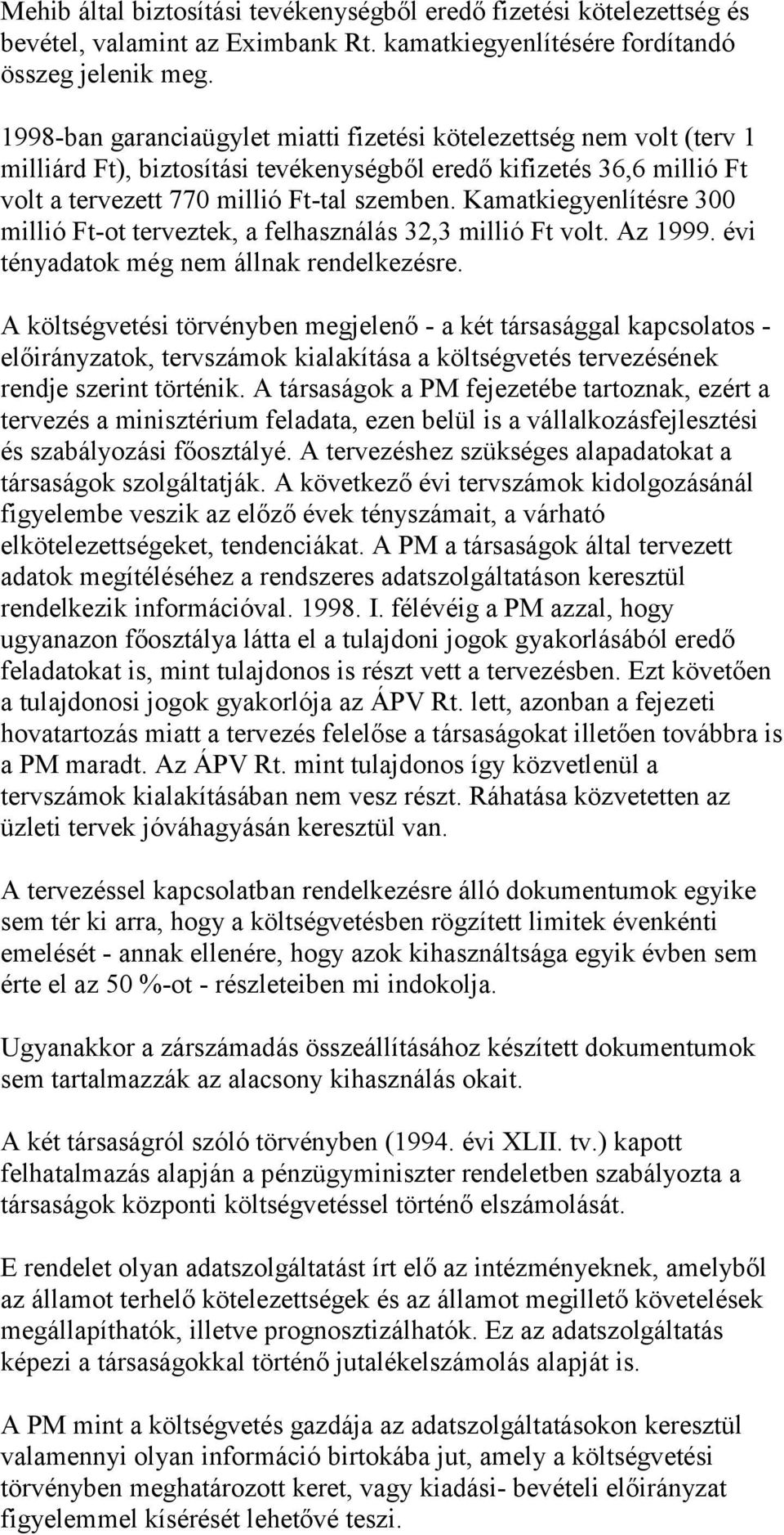 Kamatkiegyenlítésre 300 millió Ft-ot terveztek, a felhasználás 32,3 millió Ft volt. Az 1999. évi tényadatok még nem állnak rendelkezésre.