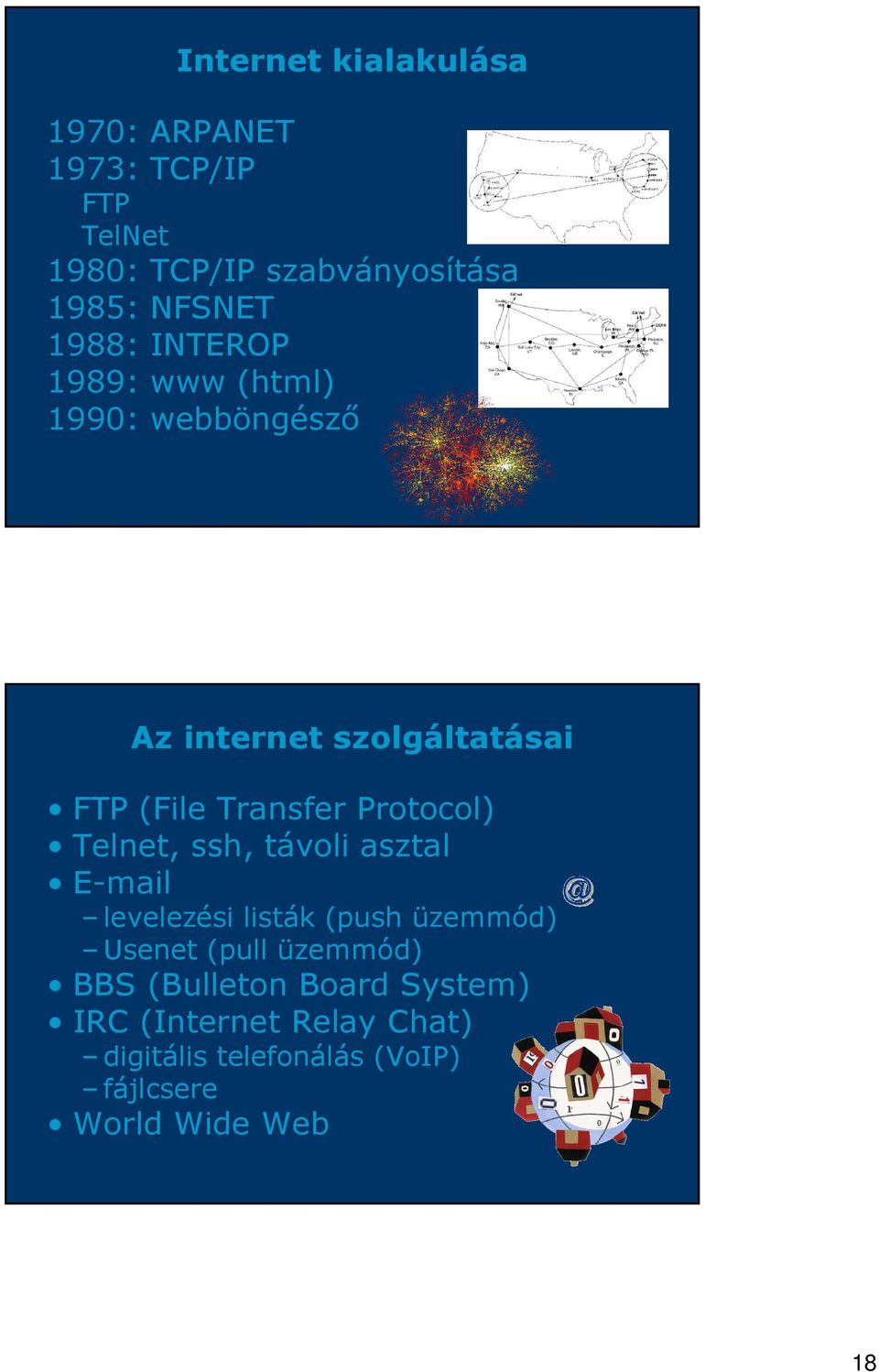 Protocol) Telnet, ssh, távoli asztal E-mail levelezési listák (push üzemmód) Usenet (pull üzemmód)