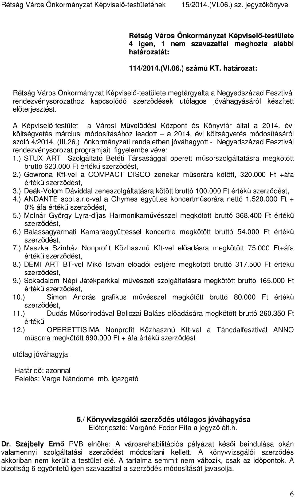 A Képviselő-testület a Városi Művelődési Központ és Könyvtár által a 2014. évi költségvetés márciusi módosításához leadott a 2014. évi költségvetés módosításáról szóló 4/2014. (III.26.