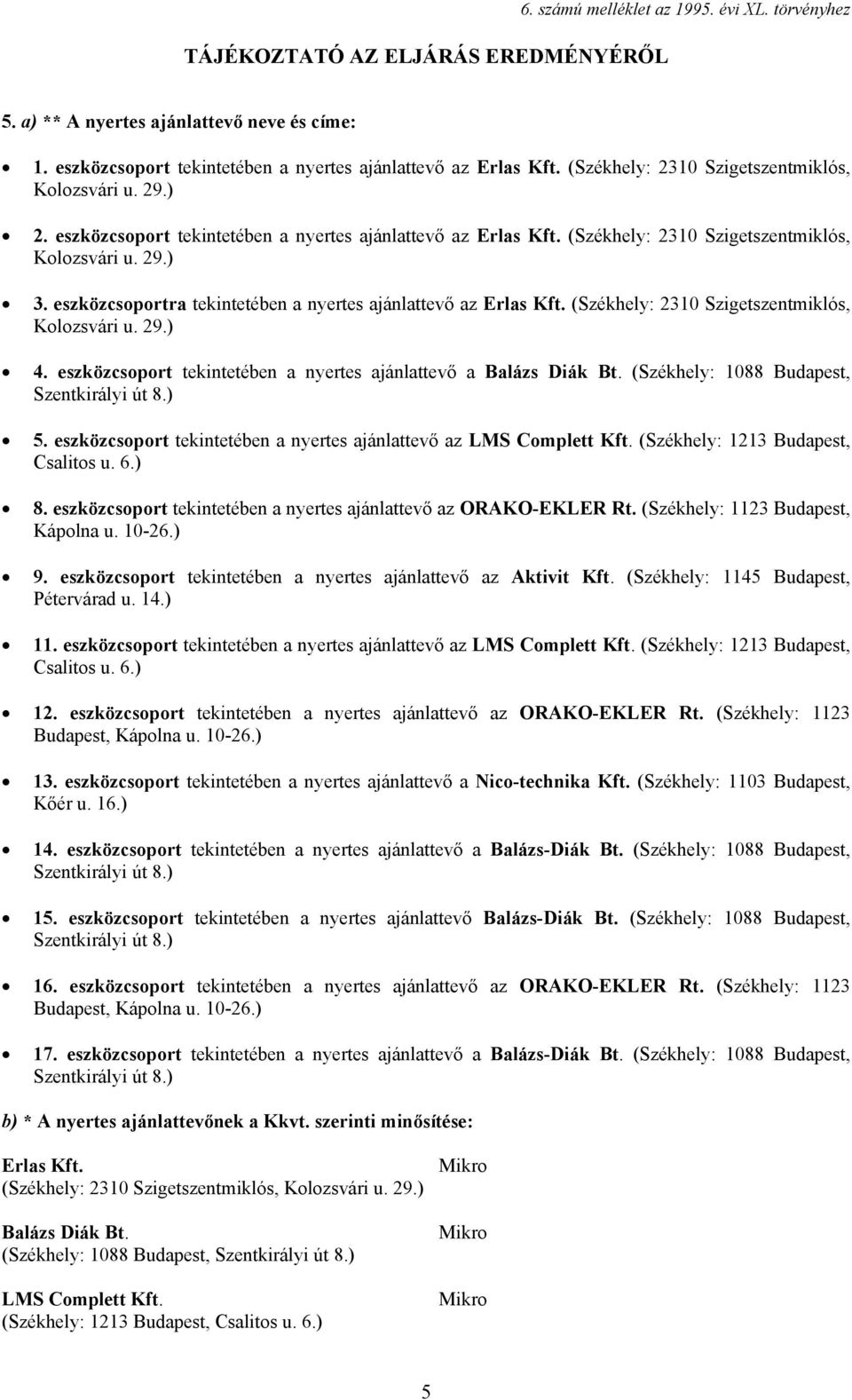 (Székhely: 2310 Szigetszentmiklós, Kolozsvári u. 29.) 4. eszközcsoport tekintetében a nyertes ajánlattevő a Balázs Diák Bt. (Székhely: 1088 Budapest, Szentkirályi út 8.) 5.