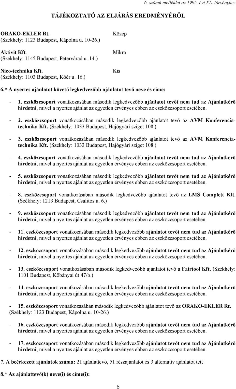 eszközcsoport vonatkozásában második legkedvezőbb ajánlatot tevő az AVM Konferenciatechnika Kft. (Székhely: 1033 Budapest, Hajógyári sziget 108.) - 3.