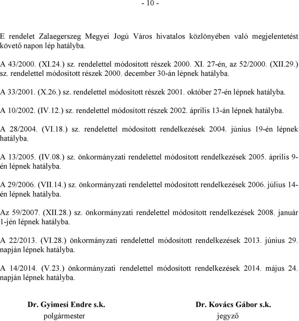 április 13-án lépnek hatályba. A 28/2004. (VI.18.) sz. rendelettel módosított rendelkezések 2004. június 19-én lépnek hatályba. A 13/2005. (IV.08.) sz. önkormányzati rendelettel módosított rendelkezések 2005.