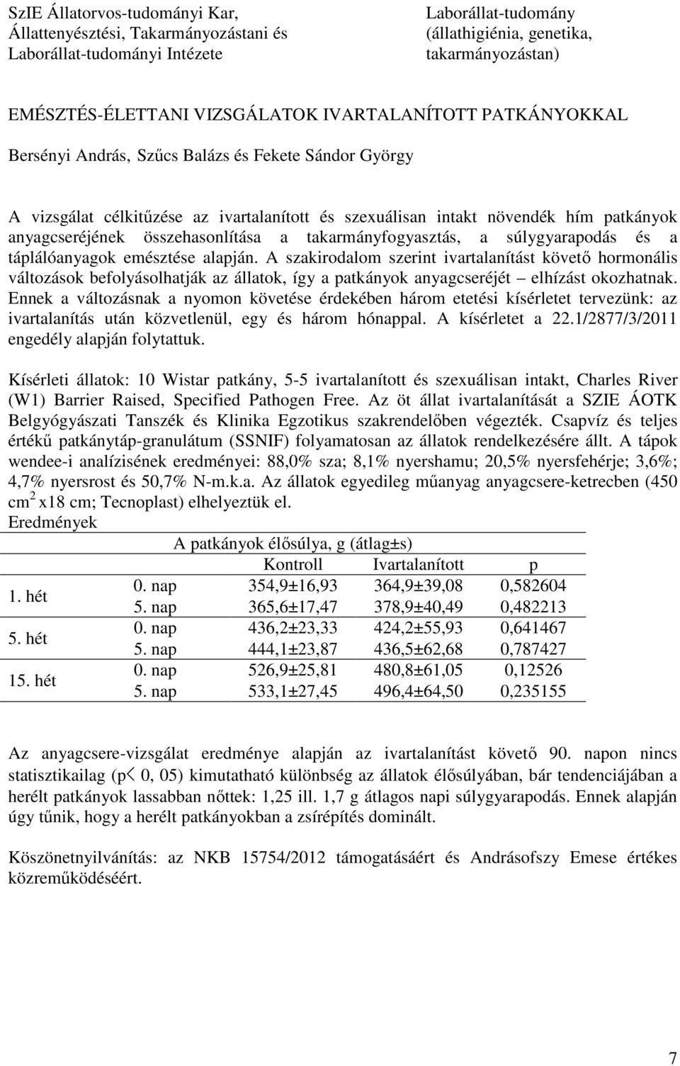 összehasonlítása a takarmányfogyasztás, a súlygyarapodás és a táplálóanyagok emésztése alapján.