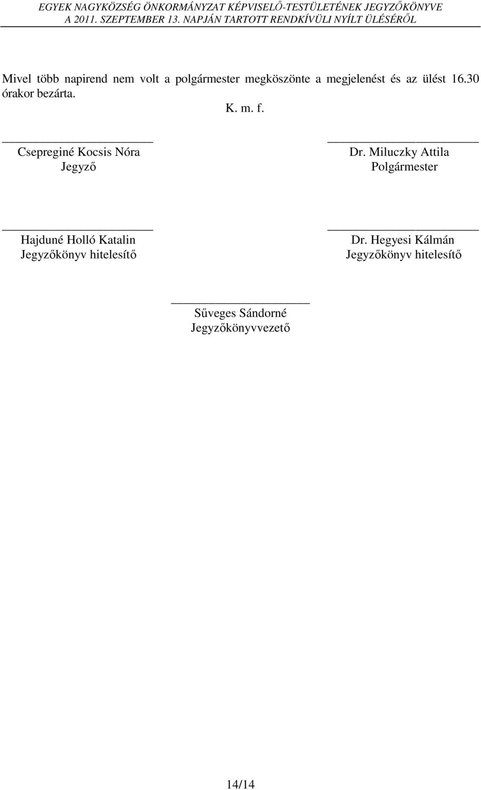 Miluczky Attila Polgármester Hajduné Holló Katalin Jegyzőkönyv hitelesítő