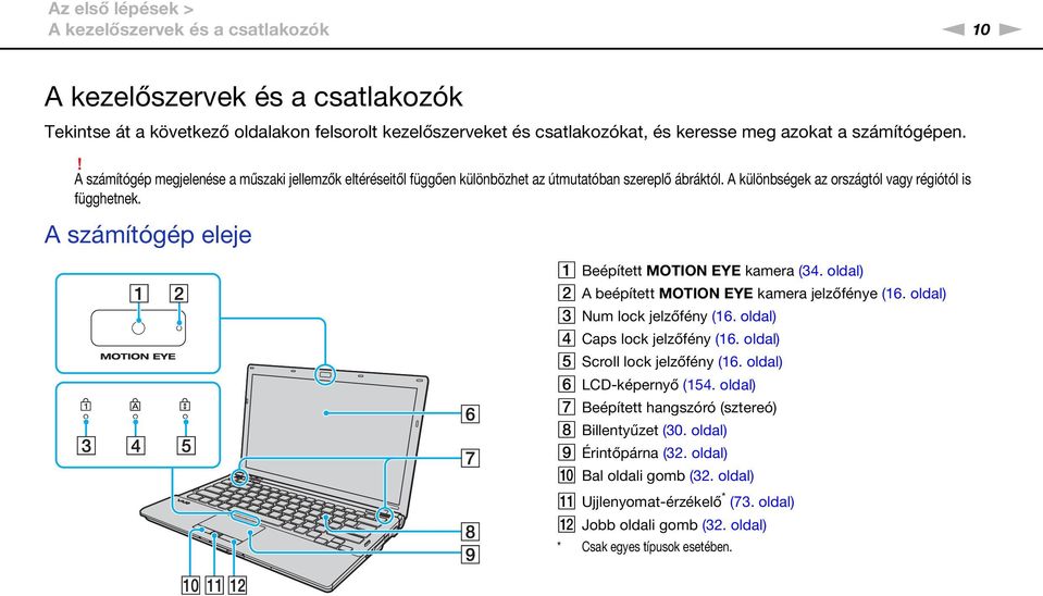 A számítógép eleje A Beépített MOTIO EYE kamera (34. oldal) B A beépített MOTIO EYE kamera jelzőfénye (16. oldal) C um lock jelzőfény (16. oldal) D Caps lock jelzőfény (16.