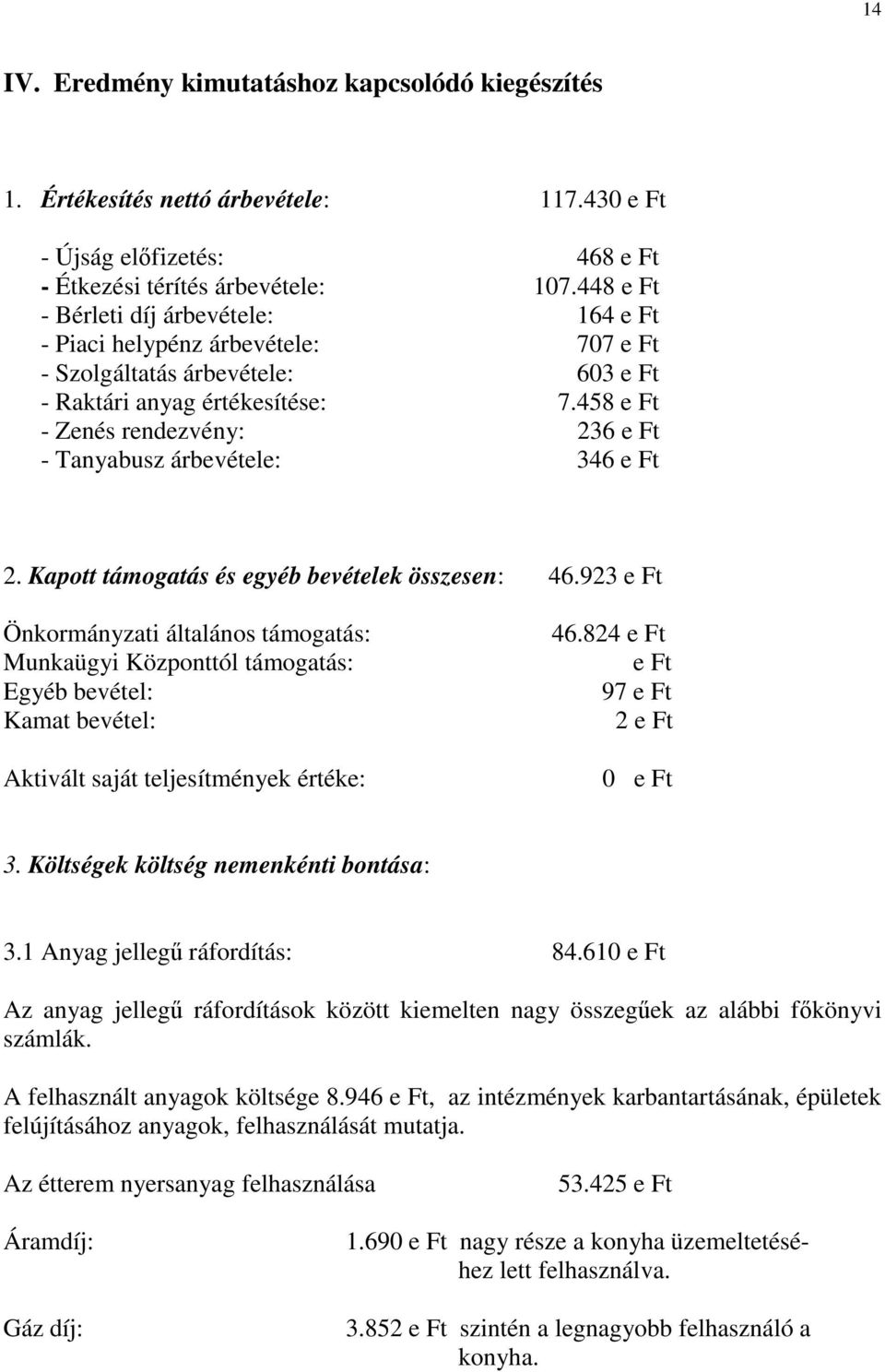 458 e Ft - Zenés rendezvény: 236 e Ft - Tanyabusz árbevétele: 346 e Ft 2. Kapott támogatás és egyéb bevételek összesen: 46.