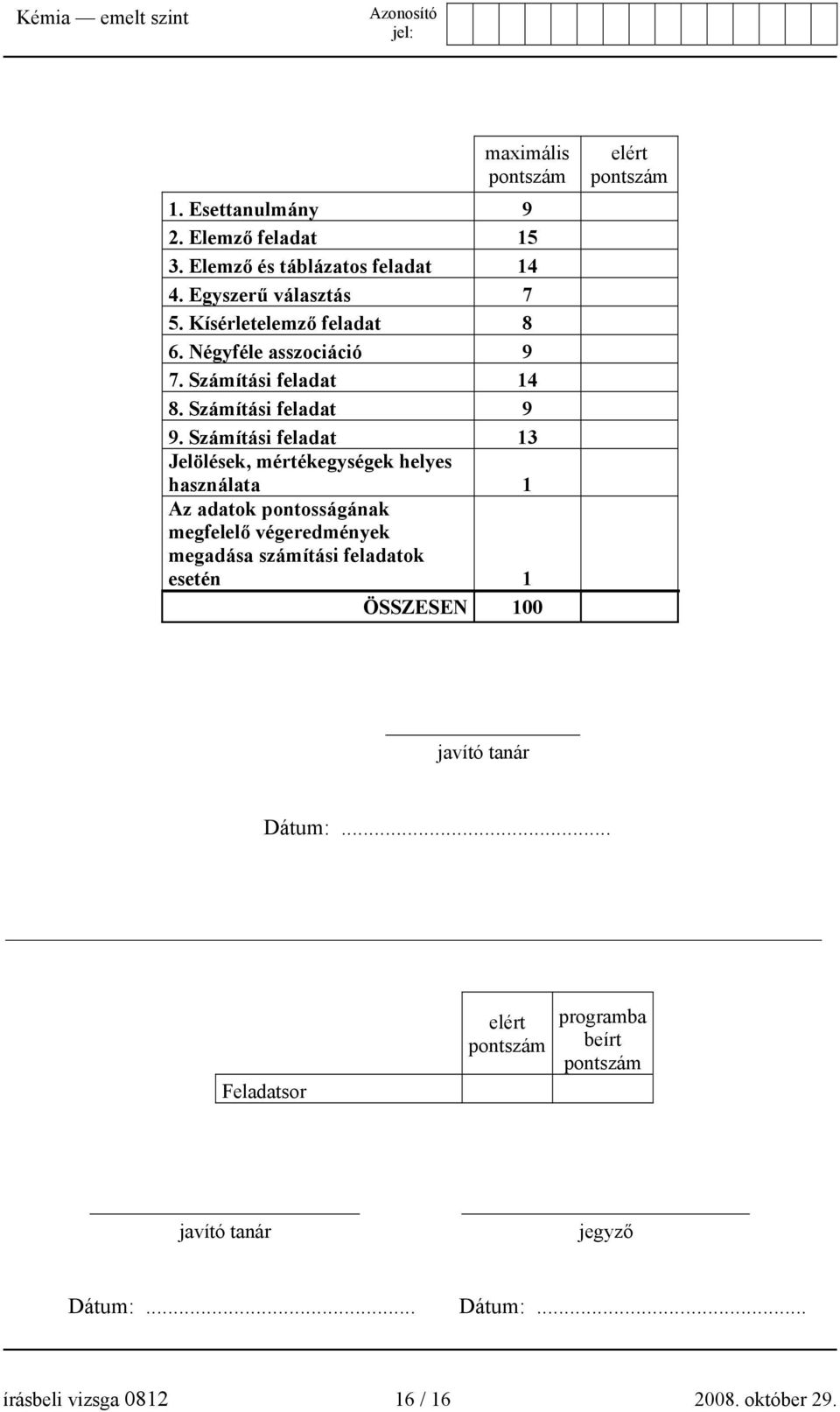 Számítási feladat 13 Jelölések, mértékegységek helyes használata 1 Az adatok pontosságának megfelelő végeredmények megadása számítási