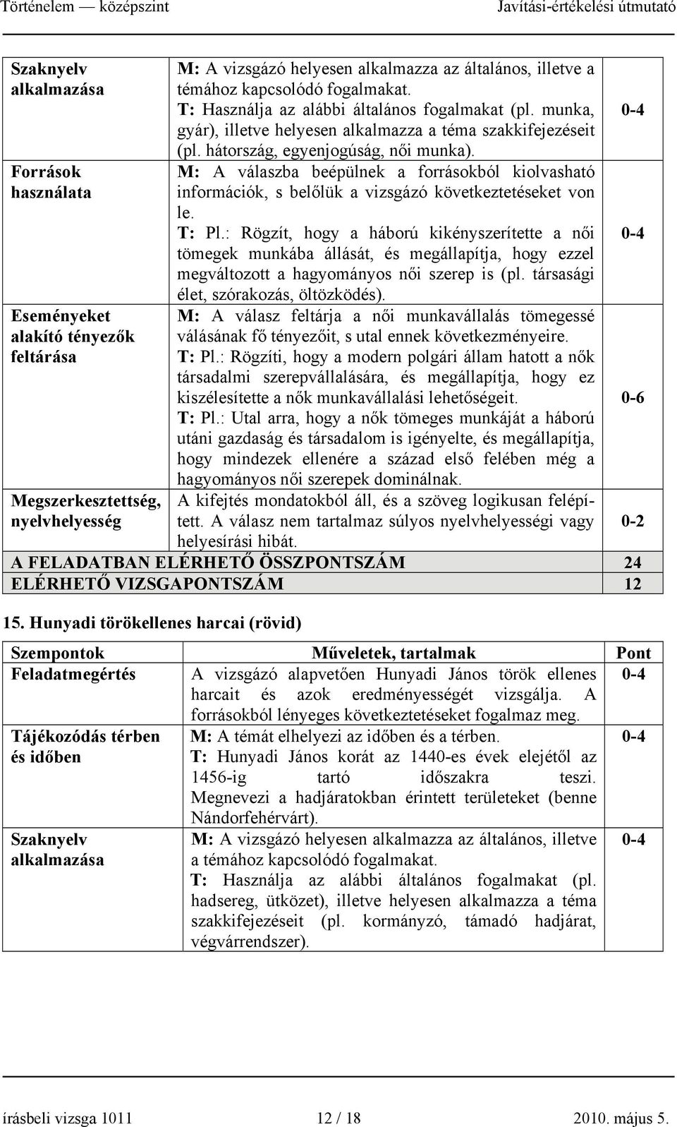 M: A válaszba beépülnek a forrásokból kiolvasható információk, s belőlük a vizsgázó következtetéseket von le. T: Pl.