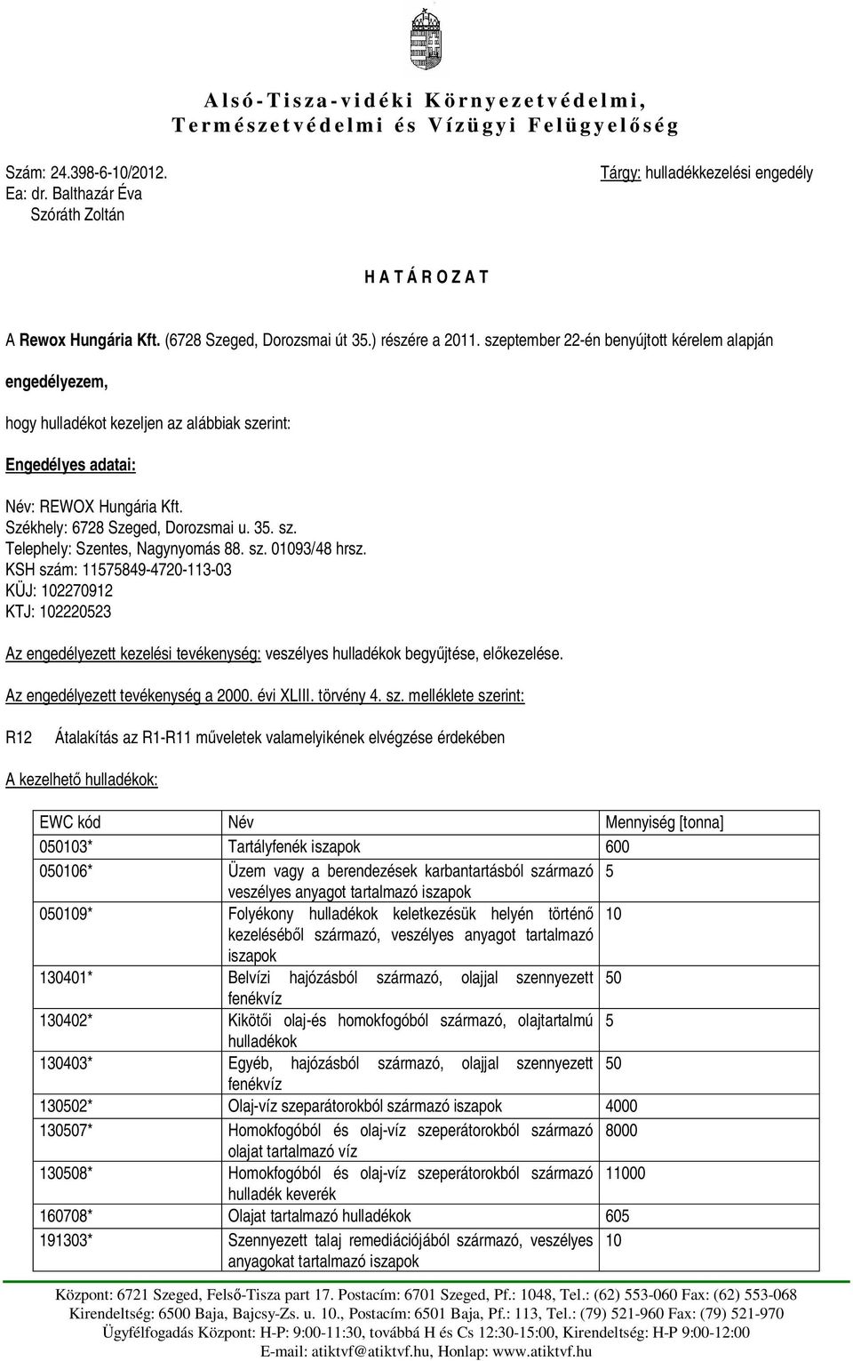 szeptember 22-én benyújtott kérelem alapján engedélyezem, hogy hulladékot kezeljen az alábbiak szerint: Engedélyes adatai: Név: REWOX Hungária Kft. Székhely: 6728 Szeged, Dorozsmai u. 35. sz. Telephely: Szentes, Nagynyomás 88.