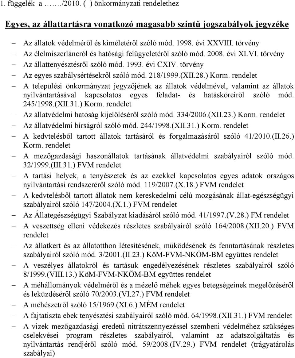 (XII.28.) Korm. rendelet A települési önkormányzat jegyzőjének az állatok védelmével, valamint az állatok nyilvántartásával kapcsolatos egyes feladat- és hatásköreiről szóló mód. 245/1998.(XII.31.