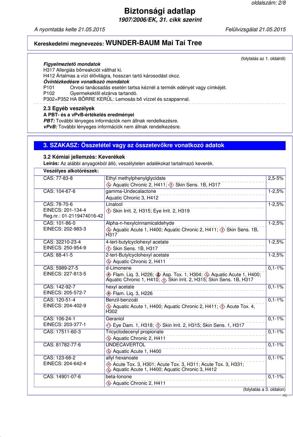 P302+P352 HA BŐRRE KERÜL: Lemosás bő vízzel és szappannal. 2.3 Egyéb veszélyek A PBT- és a vpvb-értékelés eredményei PBT: vpvb: (folytatás az 1. oldalról) 3.