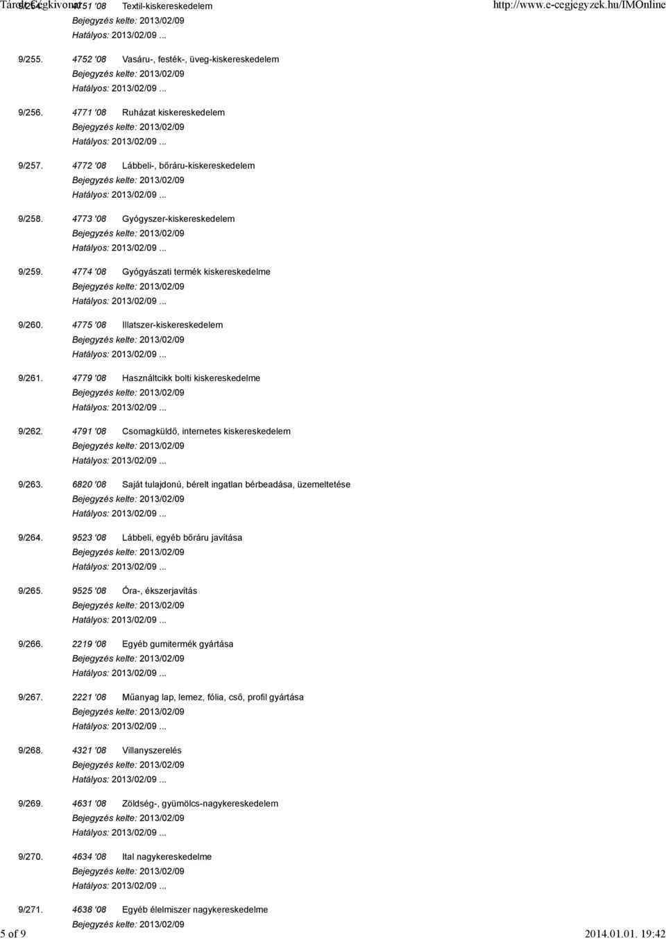 4779 '08 Használtcikk bolti kiskereskedelme 9/262. 4791 '08 Csomagküldő, internetes kiskereskedelem 9/263. 6820 '08 Saját tulajdonú, bérelt ingatlan bérbeadása, üzemeltetése 9/264.