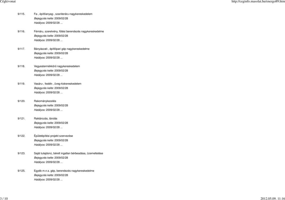 Vegyestermékkörű nagykereskedelem 9/119. Vasáru-, festék-, üveg-kiskereskedelem 9/120. Rakománykezelés 9/121.