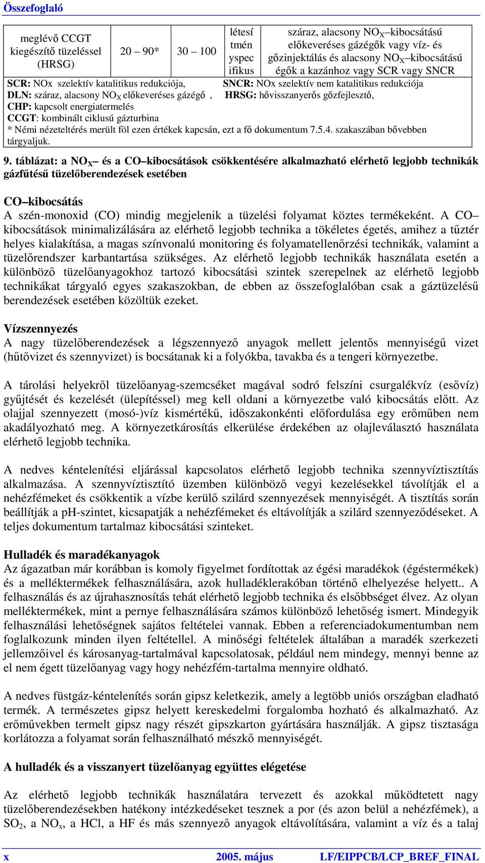 hővisszanyerős gőzfejlesztő, CHP: kapcsolt energiatermelés CCGT: kombinált ciklusú gázturbina * Némi nézeteltérés merült föl ezen értékek kapcsán, ezt a fő dokumentum 7.5.4.