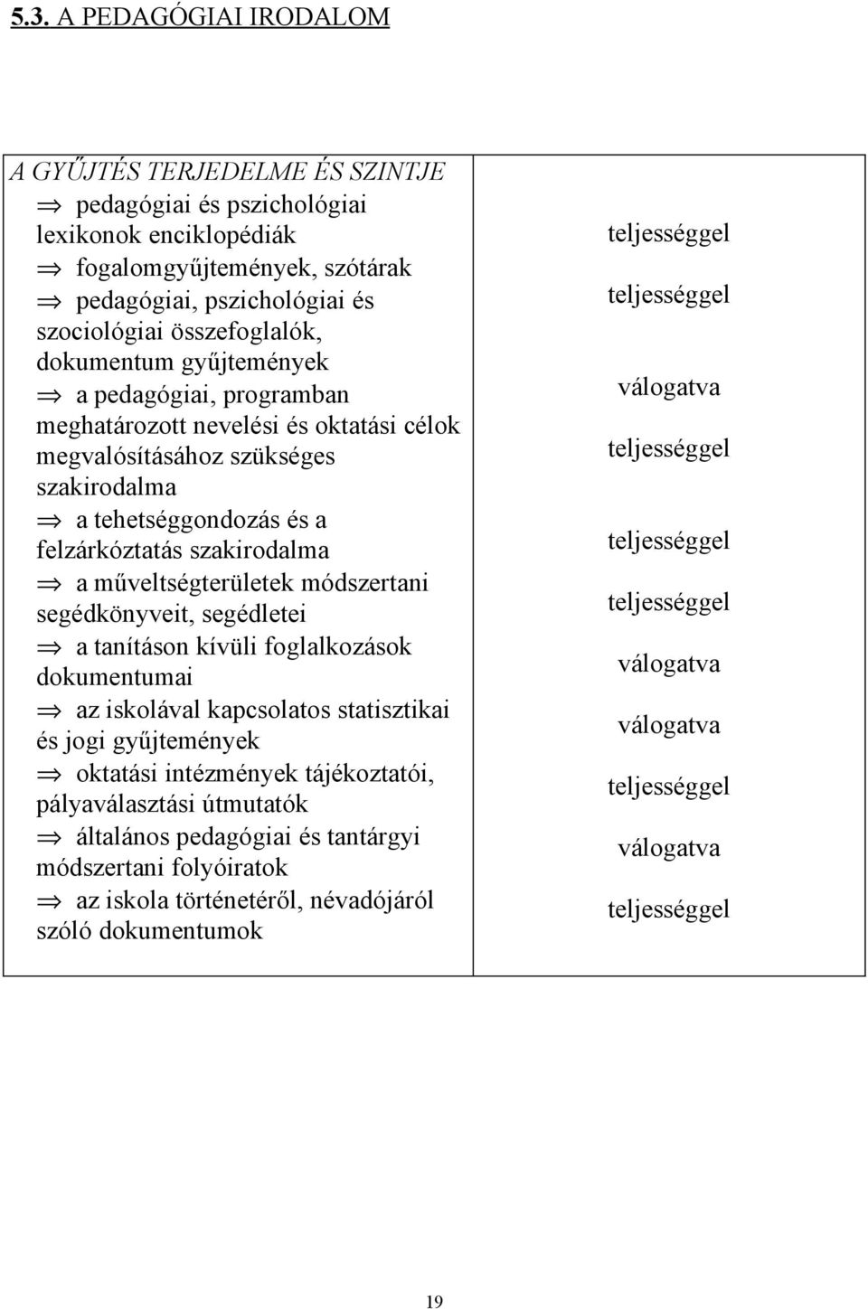 a felzárkóztatás szakirodalma a műveltségterületek módszertani segédkönyveit, segédletei a tanításon kívüli foglalkozások dokumentumai az iskolával kapcsolatos statisztikai és