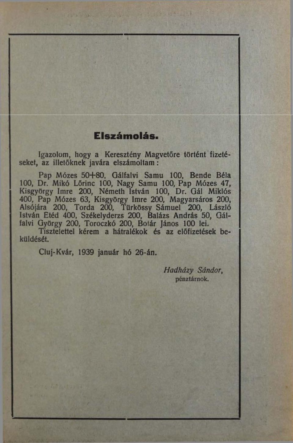 Mikó Lőrinc 100, Nagy Samu 100, Pap Mózes 47, Kisgyörgy Imre 200, Németh István 100, Dr.