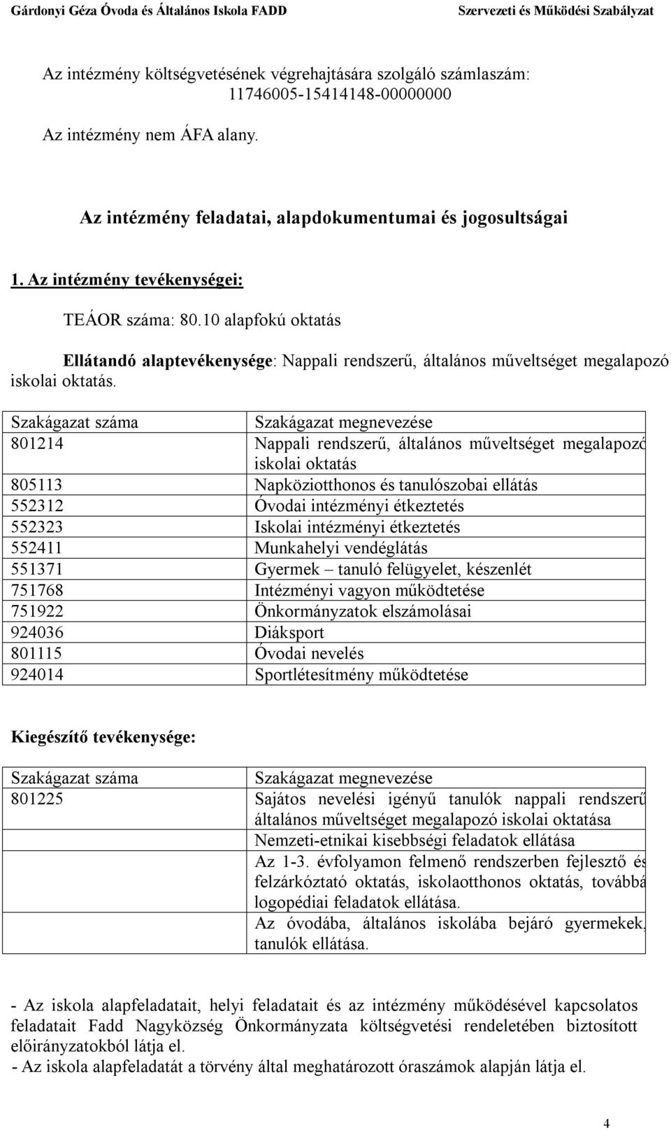 Szakágazat száma Szakágazat megnevezése 801214 Nappali rendszerű, általános műveltséget megalapozó iskolai oktatás 805113 Napköziotthonos és tanulószobai ellátás 552312 Óvodai intézményi étkeztetés