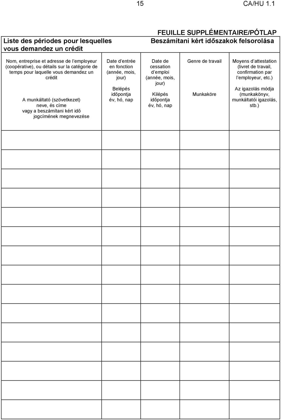 idő jogcímének megnevezése Date d entrée en fonction (année, mois, jour) Belépés időpontja év, hó, nap Date de cessation d emploi (année, mois, jour) Kilépés időpontja