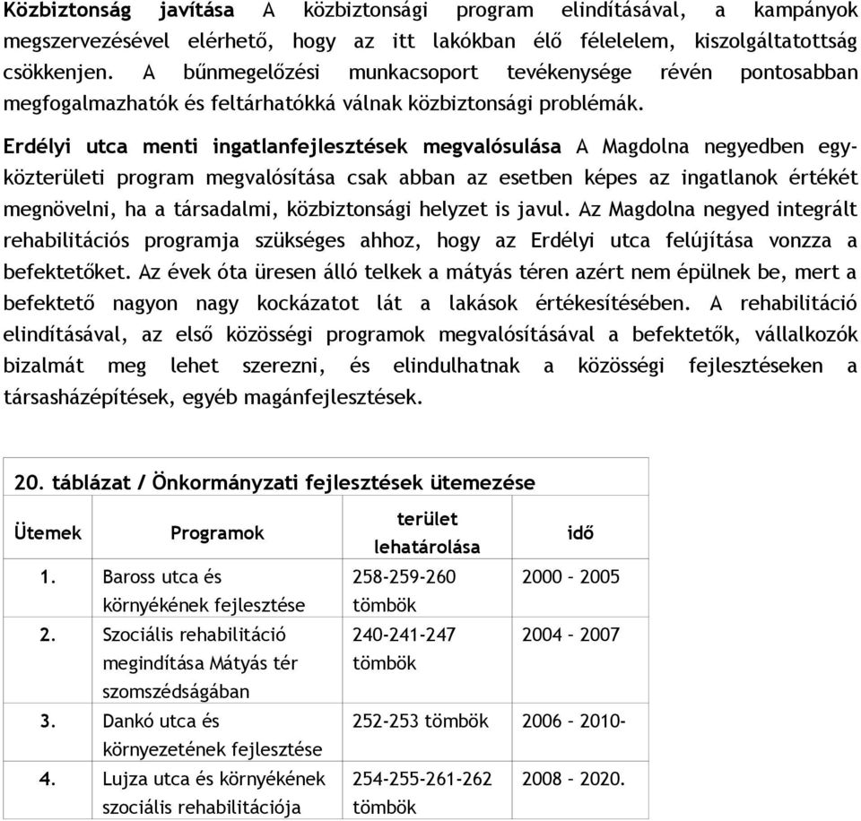 Erdélyi utca menti ingatlanfejlesztések megvalósulása A Magdolna negyedben egyközterületi program megvalósítása csak abban az esetben képes az ingatlanok értékét megnövelni, ha a társadalmi,