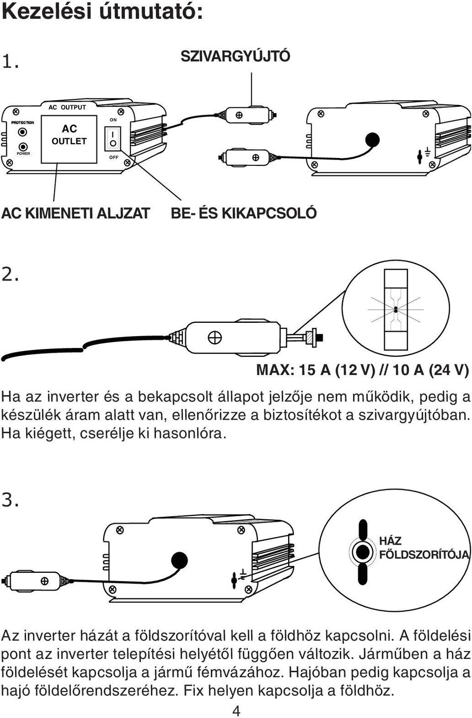 szivargyújtóban. Ha kiégett, cserélje ki hasonlóra. 3. HÁZ FÖLDSZORÍTÓJA Az inverter házát a földszorítóval kell a földhöz kapcsolni.