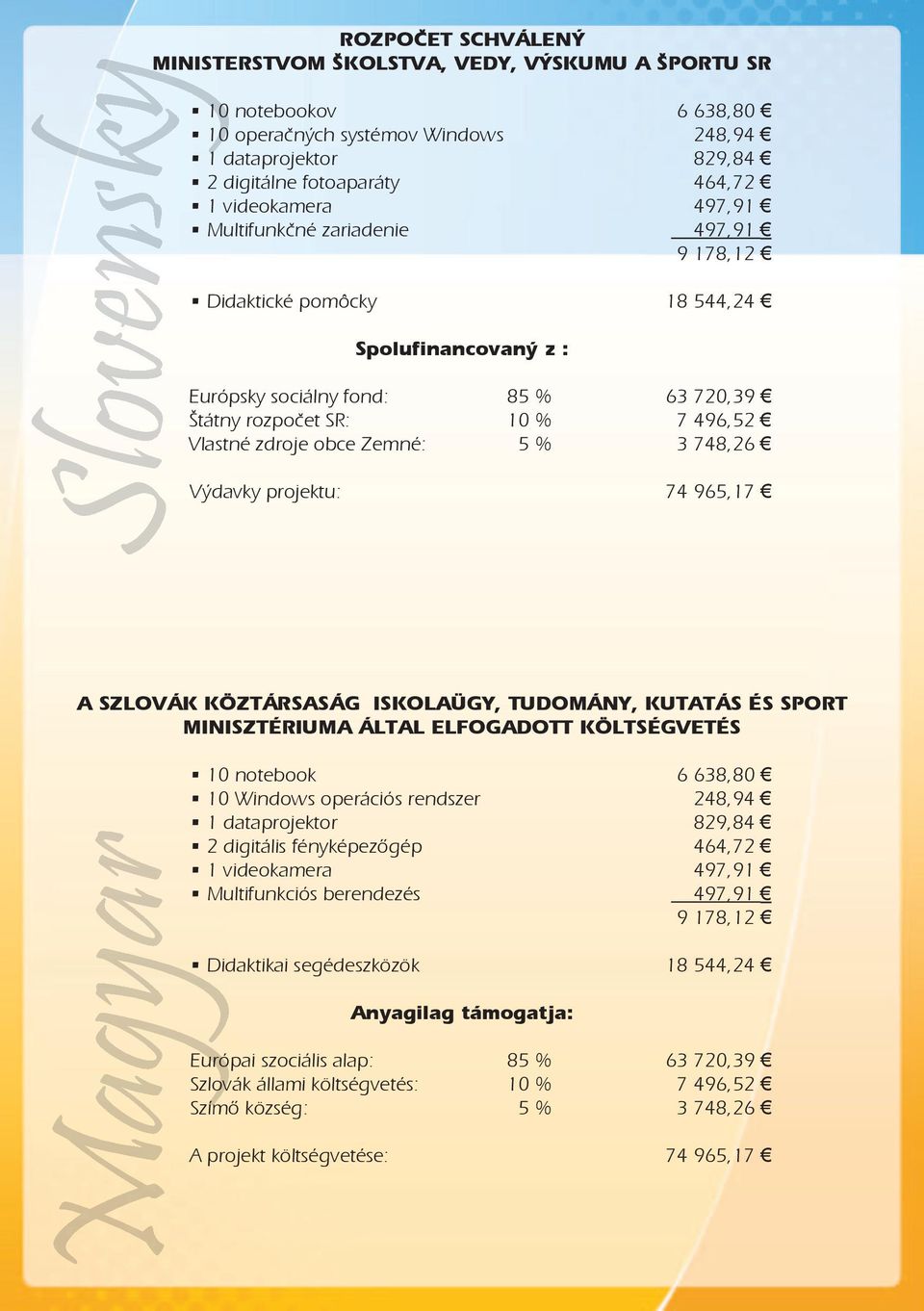 obce Zemné: 5 % 3 748,26 Výdavky projektu: 74 965,17 A SZLOVÁK KÖZTÁRSASÁG ISKOLAÜGY, TUDOMÁNY, KUTATÁS ÉS SPORT MINISZTÉRIUMA ÁLTAL ELFOGADOTT KÖLTSÉGVETÉS Magyar 10 notebook 6 638,80 10 Windows