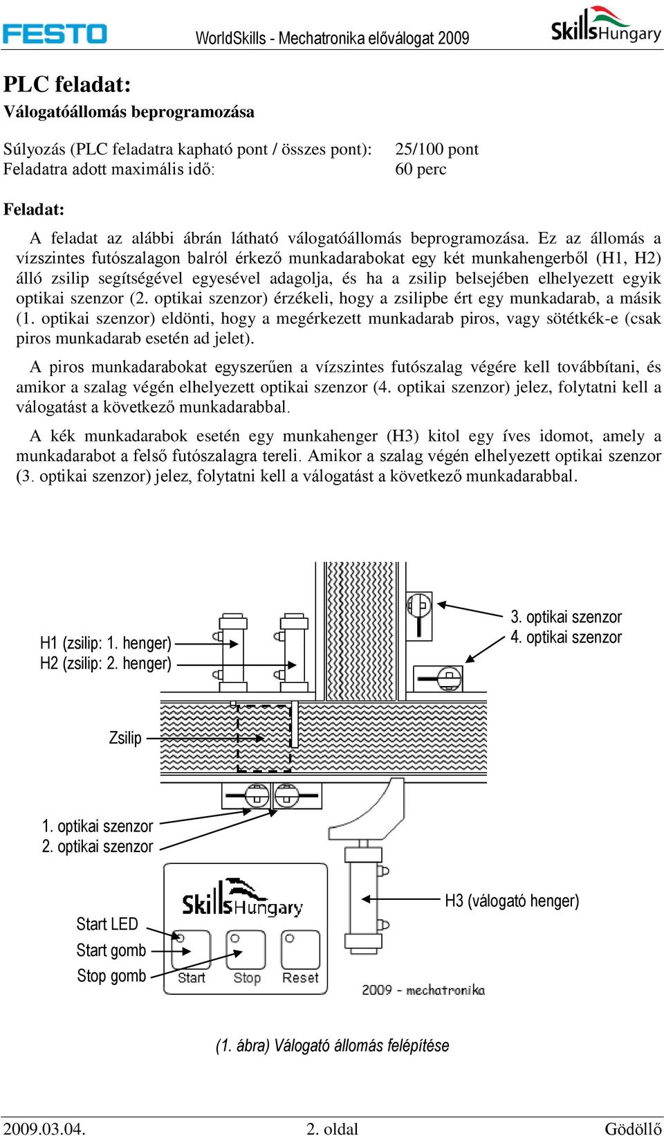 Ez az állomás a vízszintes futószalagon balról érkező munkadarabokat egy két munkahengerből (H1, H2) álló zsilip segítségével egyesével adagolja, és ha a zsilip belsejében elhelyezett egyik optikai