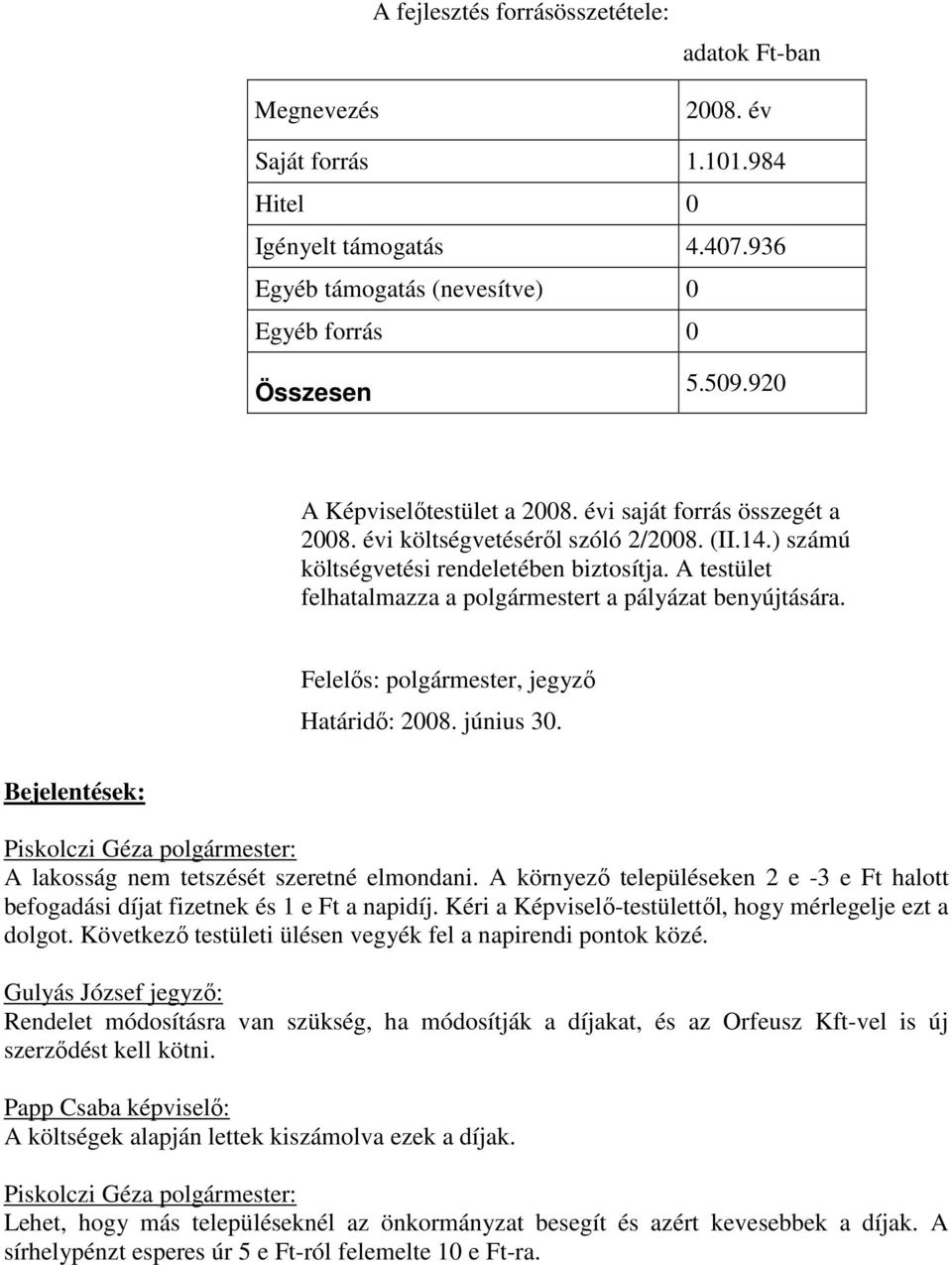 A testület felhatalmazza a polgármestert a pályázat benyújtására. Felelős: polgármester, jegyző Határidő: 2008. június 30. Bejelentések: A lakosság nem tetszését szeretné elmondani.