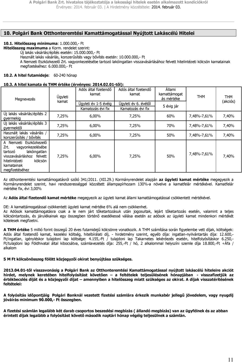 vagyonkezelésébe tartozó lakóingatlan visszavásárlásához felvett hitelintézeti kölcsön kamatainak megfizetéséhez: 6.000.000,- Ft 10.2. A hitel futamideje: 60-240 hónap 10.3.